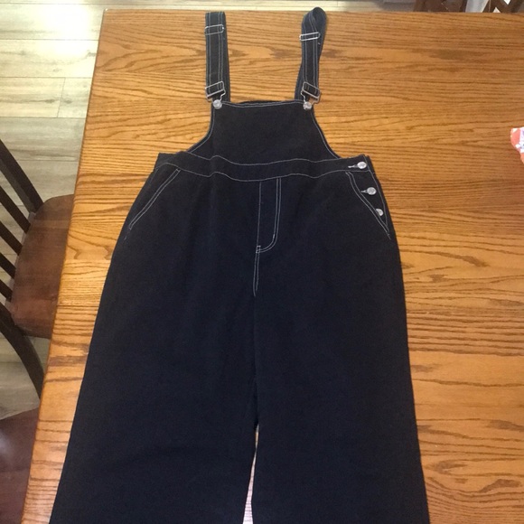 Wide Legged Black Overalls with Button Detail and White‎ Stitching - Picture 12 of 14